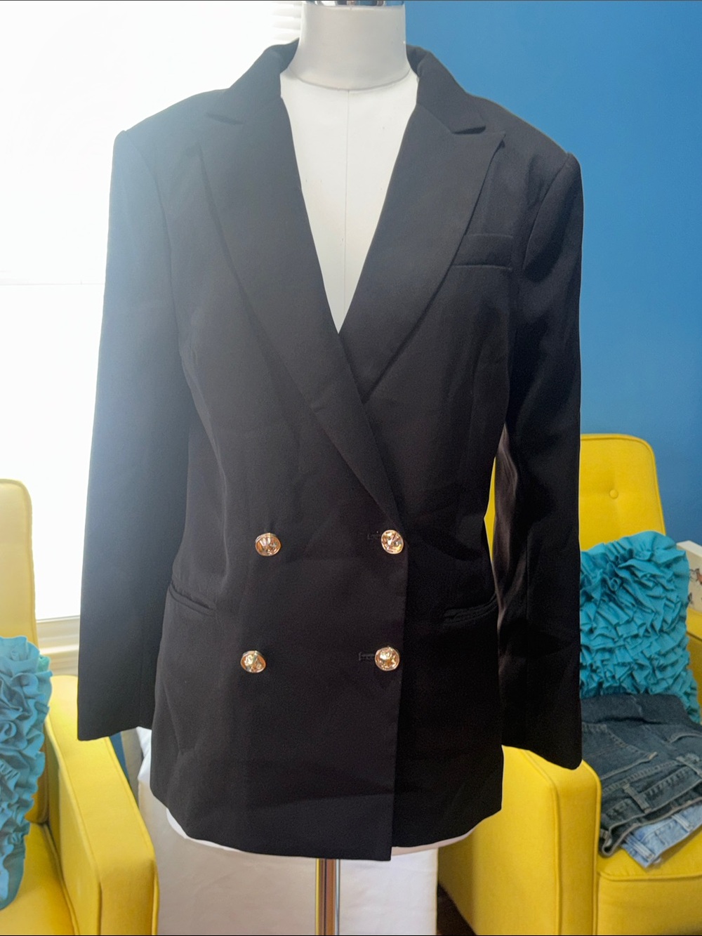 Endless Rose Black Double-Breasted Blazer with Gold Buttons